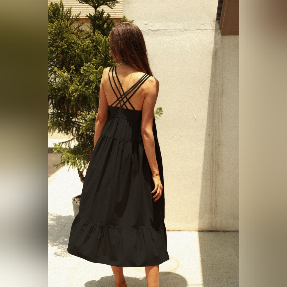 NWT - Lyocell Cotton Frieeah Boutique Black Cross-Back Midi Sundress - Size L - Picture 3 of 8